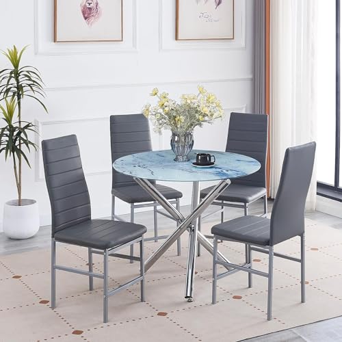 Round Glass Dining Table Set 5 Pieces with 4 PU Chairs M812