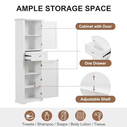 Tall Bathroom Storage Cabinet with Drawer and Adjustable Shelf, White C384