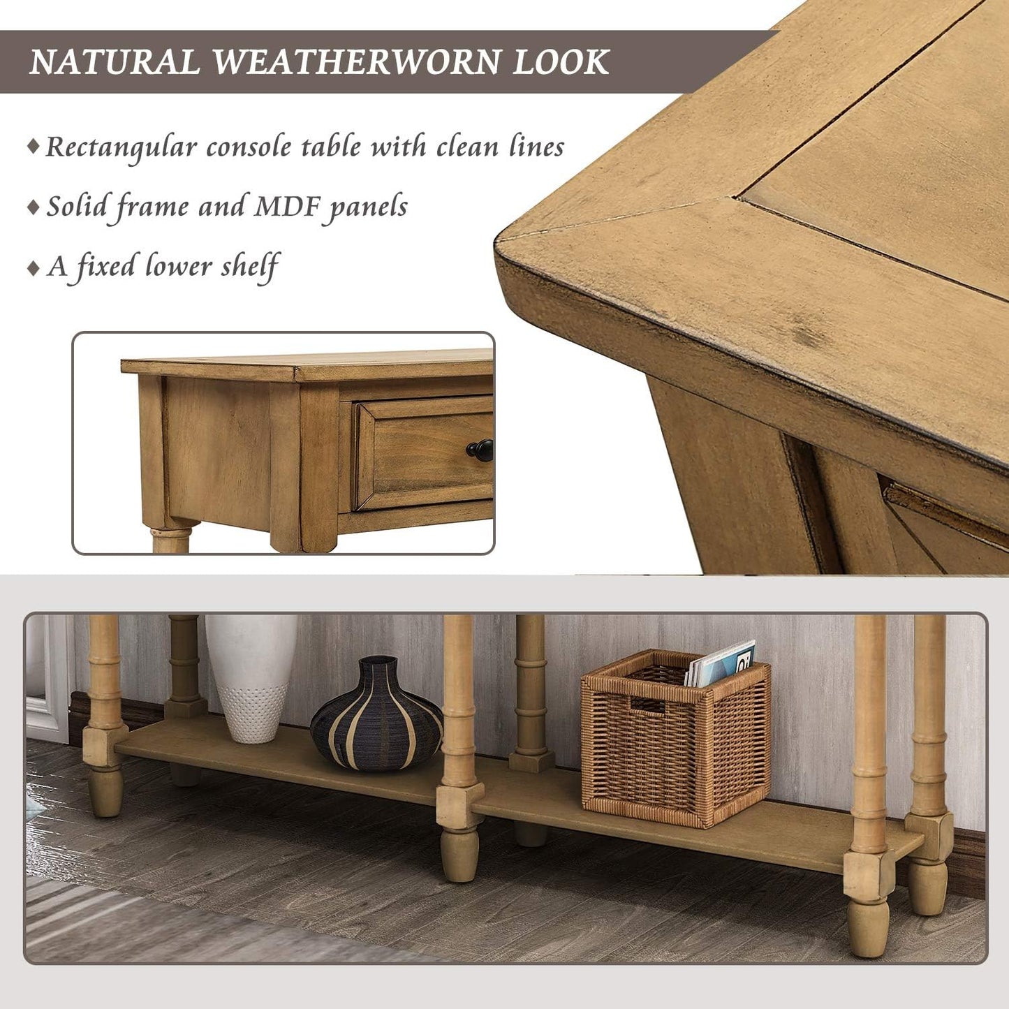 Farmhouse Console Sofa Table with Two Storage Drawers, Solid Wood, Old Pine, 58 Inch A5015