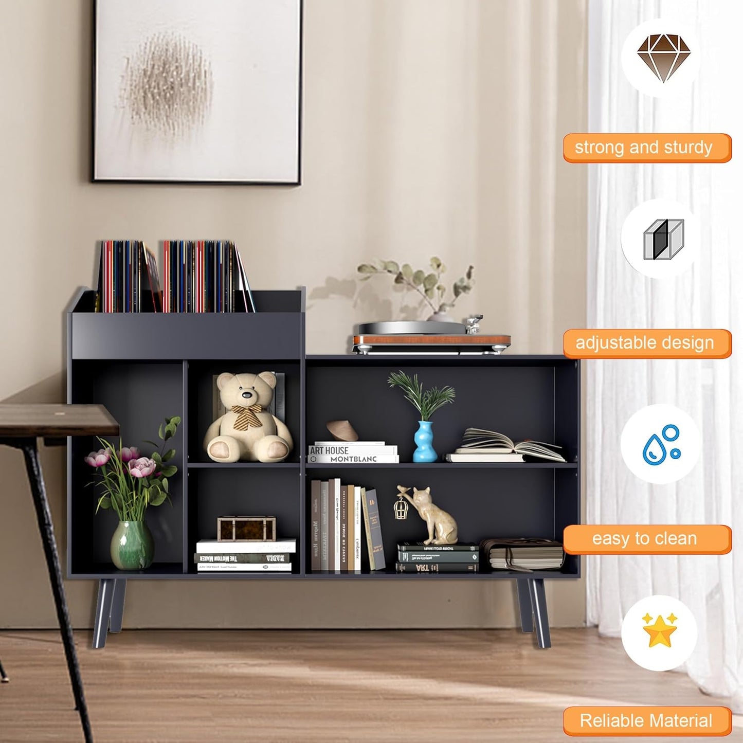 Record Player Stand with Vinyl Record Storage, Black S8124