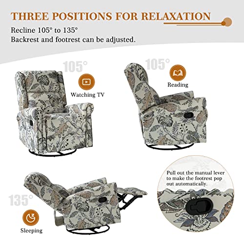HULALA HOME Printed Fabric Manual Swivel Glider Recliner Chair, Set of 2, Black Floral W4662