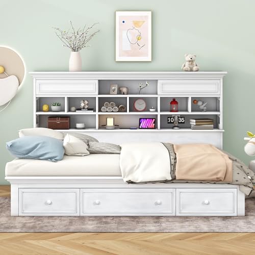 LZ LEISURE ZONE Twin Size Daybed Frame with Storage Shelves, Charging Station, Antique White A7732