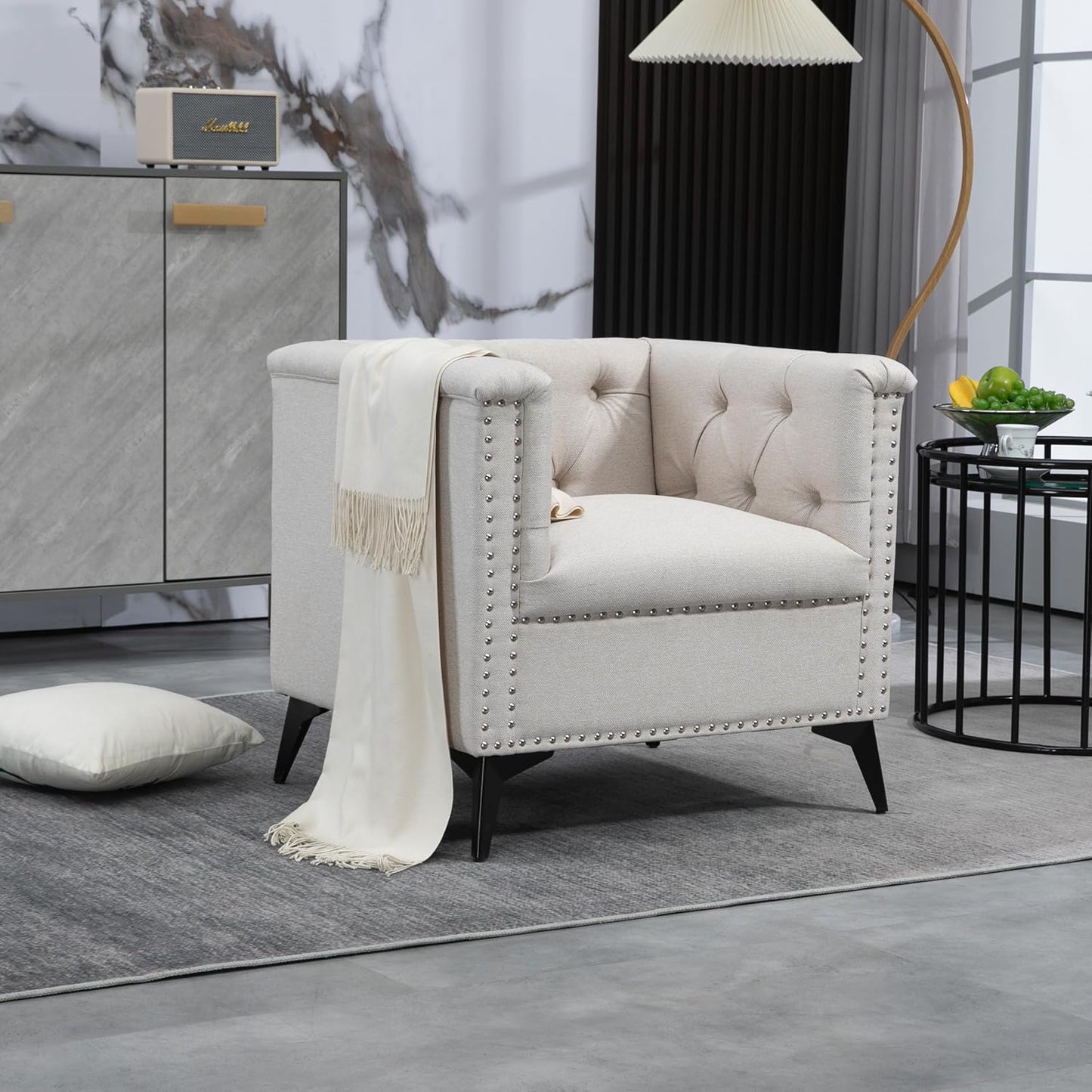 Accent Chair Living Room Chairs Single Sofa Chair,Arm Chairs with Linen Fabric, Mid Century Accent Arm Chairs Comfy Reading Lounge Club Armchair for Bedroom Office Study (Beige)