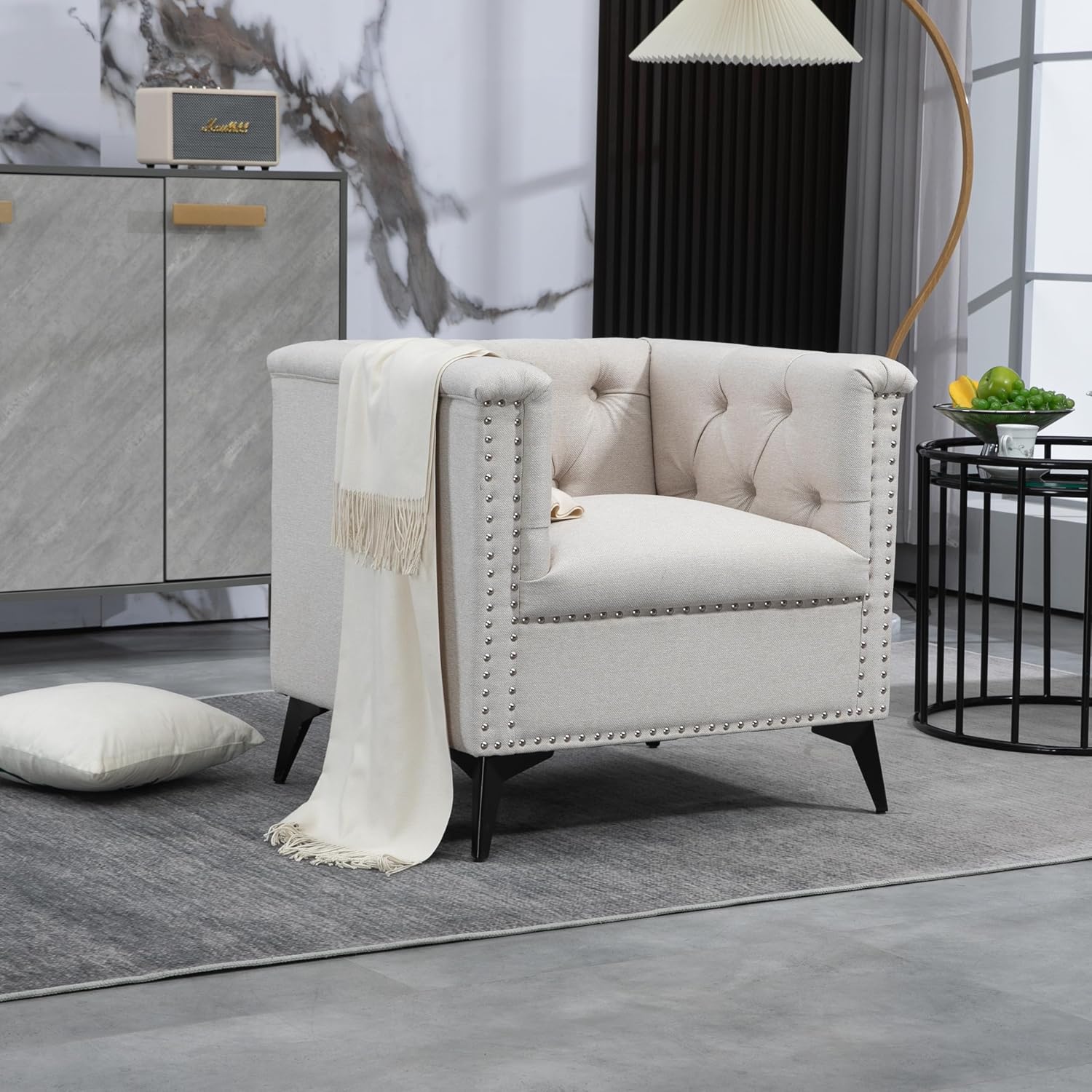 Accent Chair Living Room Chairs Single Sofa Chair,Arm Chairs with Linen Fabric, Mid Century Accent Arm Chairs Comfy Reading Lounge Club Armchair for Bedroom Office Study (Beige)