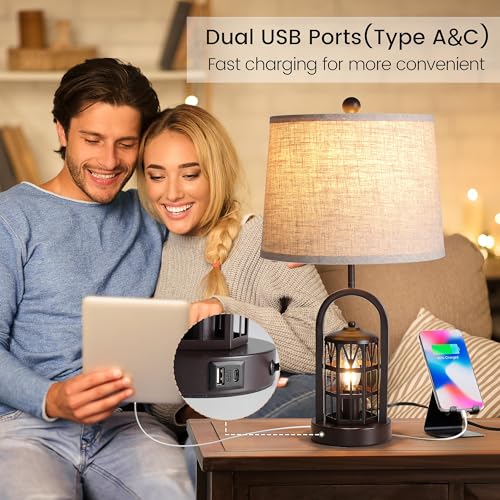 Farmhouse Table Lamp Set of 2, 23" Rustic Vintage with USB Ports, Brown X170288
