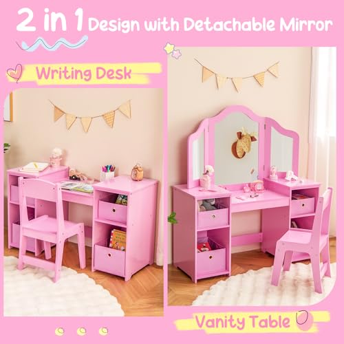 Costzon Kids Vanity 2-in-1 Princess Makeup Desk with Tri-fold Mirror, White Z72187