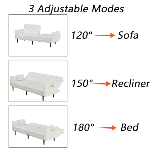 Modern Upholstered Convertible Futon Sofa Bed with Storage Pockets and 2 Pillows, Pink I8960