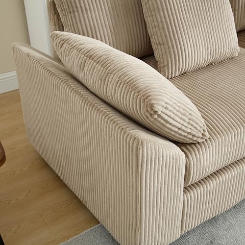 Oversized Corner Modular Sectional Sofa Set, L-Shaped Couch with Ottoman and 7 Pillows, Corduroy Fabric, Beige O4177