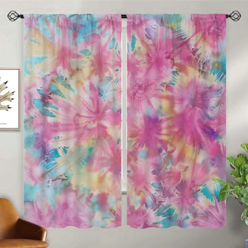 Tie Dye Blackout Curtains for Kids Boho Rainbow Rod Pocket Drapes 42 x 45 Inch K1712