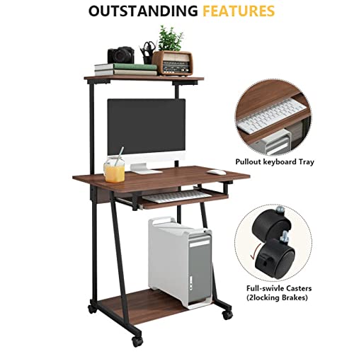 Small Computer Desk with Storage Shelves, Rolling for Home Office C424
