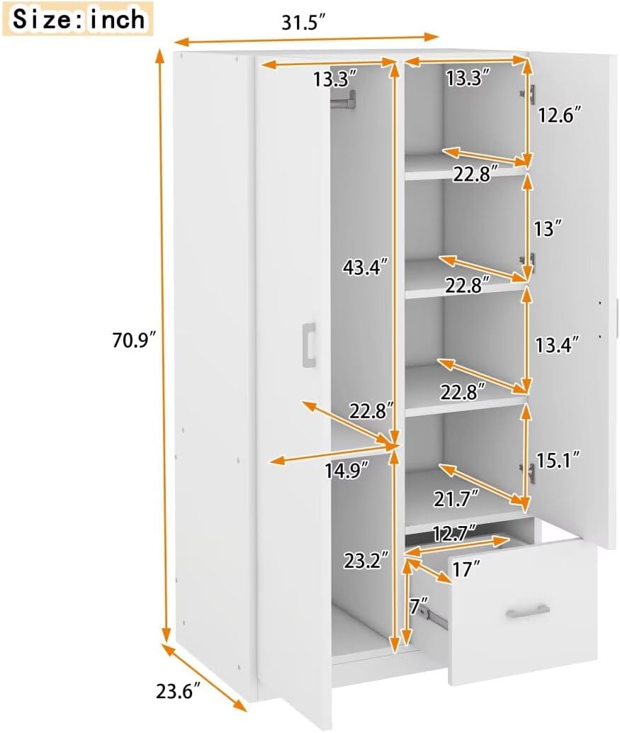 Wooden Wardrobe with Double Doors, 5 Shelves and Drawer, White C675