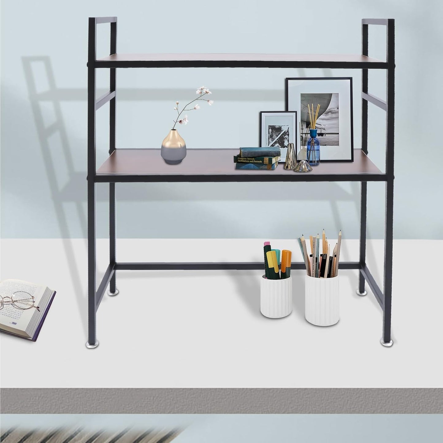 2-Tier Desk Hutch, Adjustable Wood Bookcase for Home Office D95422