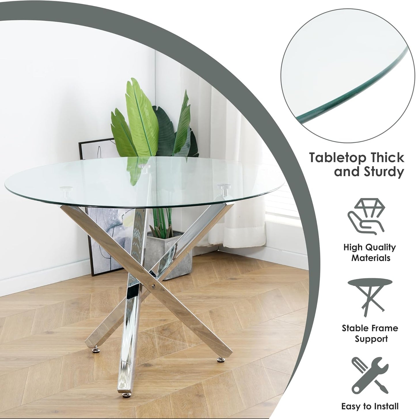 RGZ Round Glass Dining Table Set for 4, Mid Century Modern, 40'' with Beige PU Faux Leather Chairs A12551