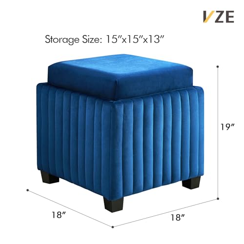 18-Inch Square Cube Storage Ottoman Bench with Coffee Tray, Beige Velvet X85429