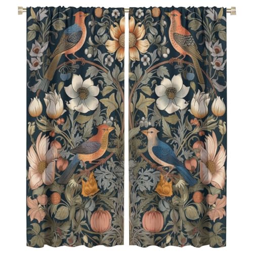 William Morris Style Window Curtains, Vintage Flower Botanical Floral and Bird Blackout Rod Pocket Thermal Insulated Drapes for Bedroom Living Room Kitchen Coffee Custom Size