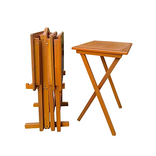 Folding TV Tray Table Set of 4 Solid Wood Chestnut I509083