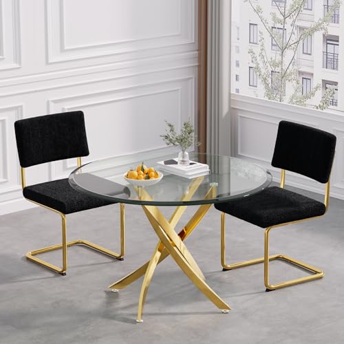Glass Dining Table Set for 4, 5 Piece Kitchen & Dining Room Set, Modern Kitchen Table and Chairs Set with 36" Round Glass Table and 4 White Silver PU Leather Chairs for Dining Room Kitchen