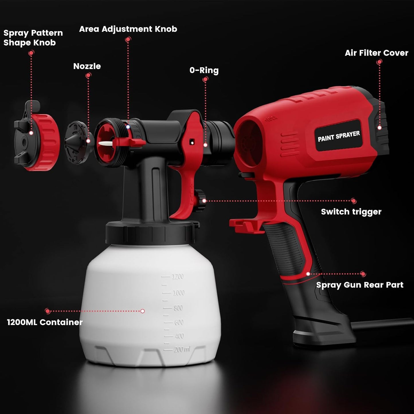 Paint Sprayer Electric Spray Gun 700W with 1200ml Container, 4 Nozzles & 3 Patterns M91056