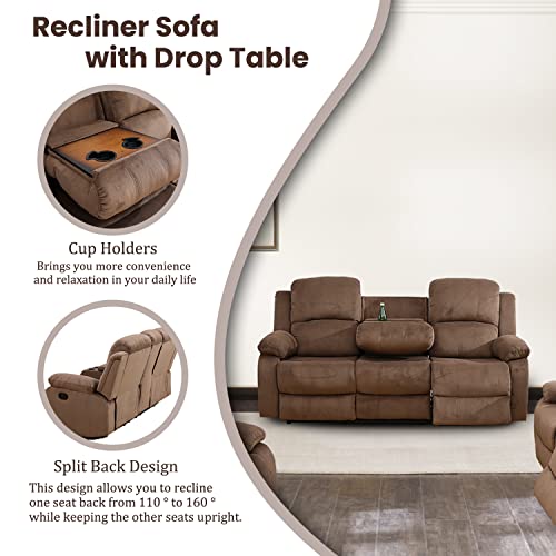 Flannel Fabric Recliner Sofa Set with Cup Holders and Storage Console, Dark Grey O5359