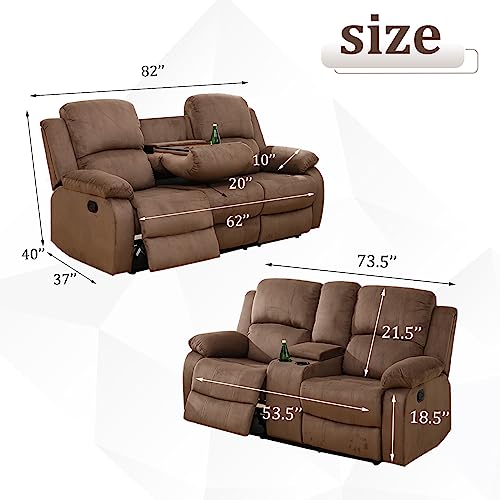 Flannel Fabric Recliner Sofa Set with Cup Holders and Storage Console, Dark Grey O5359
