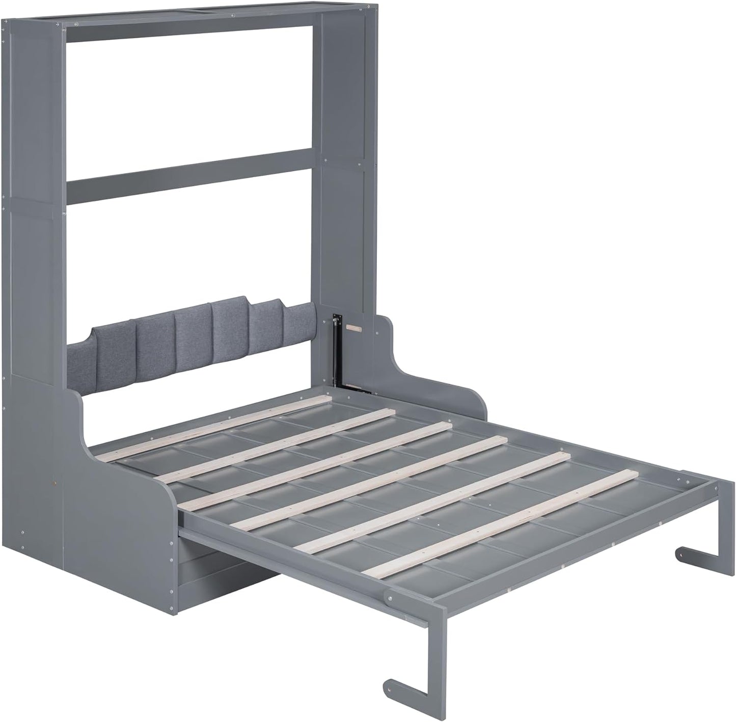 Queen Size Murphy Bed Chest with Upholstered Headboard, Solid Wood, Gray J8306