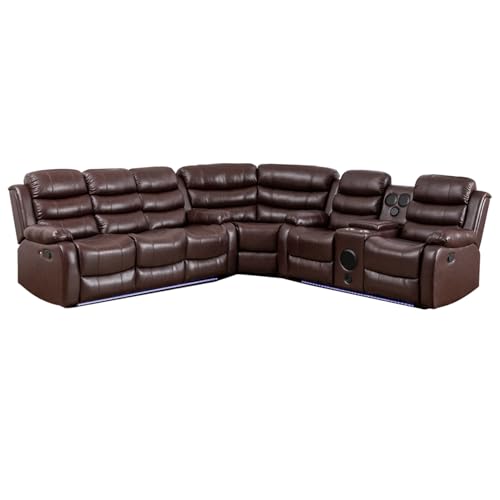 Manual Reclining Sectional Couch with LED Light Multi-Functional Sofa with Recliner Seat,Stereo, Storage,Cup Holders,USB,PU Leather L-Shaped Sofa,9 Seater for Living Room- White