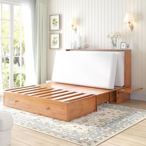 MUZZ Queen Murphy Bed with Charging Station, Foldable Foam Mattress, Cherry R606729