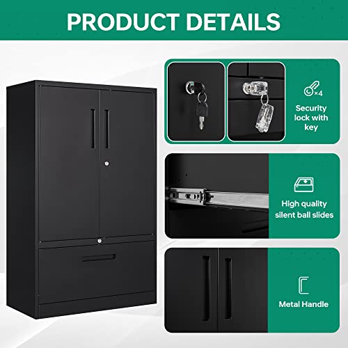 Letaya Metal Storage Cabinet with Lock, 2 Drawers, Adjustable Shelves, Black N4147