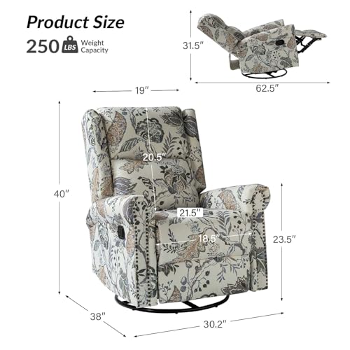 HULALA HOME Printed Fabric Manual Swivel Glider Recliner Chair, Set of 2, Black Floral W4662