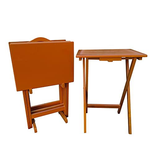 Folding TV Tray Table Set of 4 Solid Wood Chestnut I509083