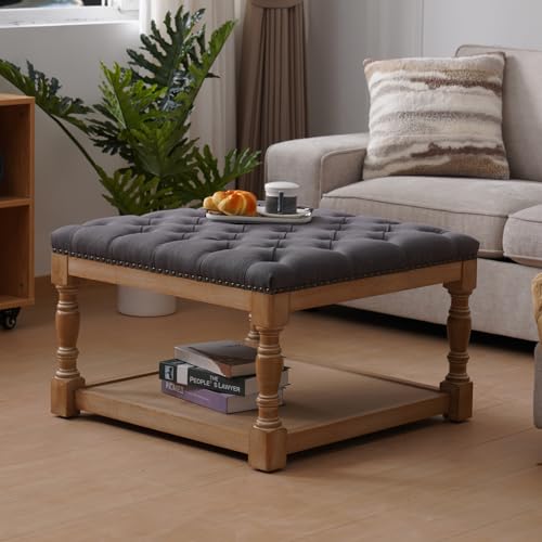 Square Ottoman Coffee Table with Storage Shelf and Solid Wood Legs K655