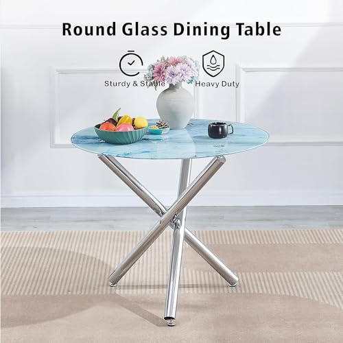 Round Glass Dining Table Set 5 Pieces with 4 PU Chairs M812