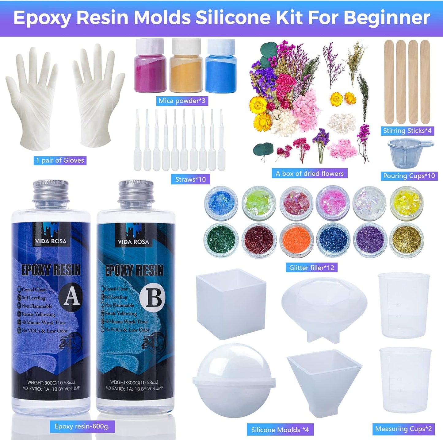Vida Rosa Epoxy Resin Kit for Beginners with Molds, 600ml Y1915