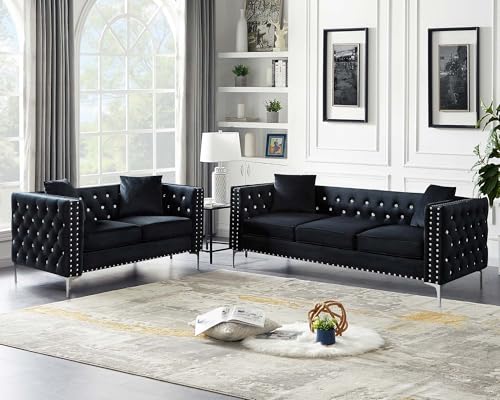 Antetek Velvet Sofa Set, Modern Upholstered Loveseat and 3 Seater Cloud Sofa with Crystal Buttons, Blue (2 Pieces) N125403