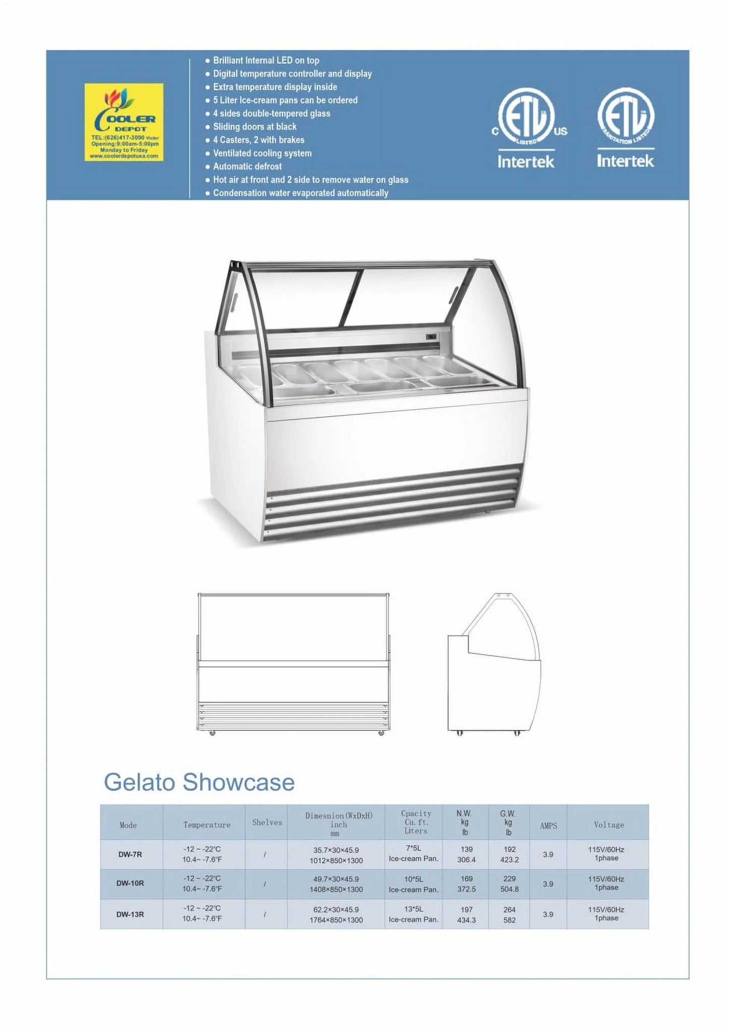 Gelato Dipping Cabinet Cooler 7 Pan DW-7R H1544