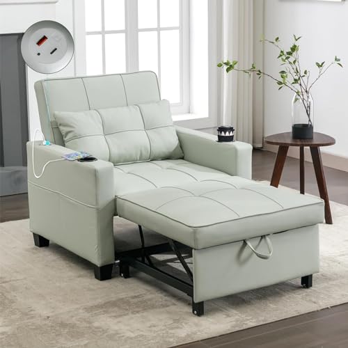Sleeper Chair Bed, Modern 3 in 1 Convertible Chair Bed, Pull Out Sleeper Chair with USB/Type C Ports and Cup Holder, Wear-Resistant and Anti-Scratch Chair Bed Sleeper for Adults, Living Room-Orange
