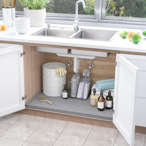 Under Sink Mat for Kitchen Waterproof, 25" x 22" Silicone Cabinet Liner with Raised Edge U5274