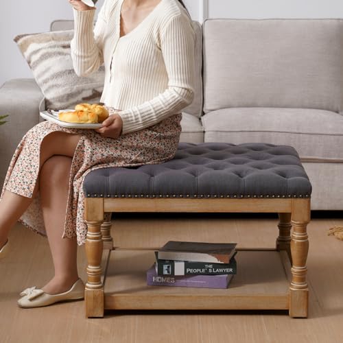 Square Ottoman Coffee Table with Storage Shelf and Solid Wood Legs K655
