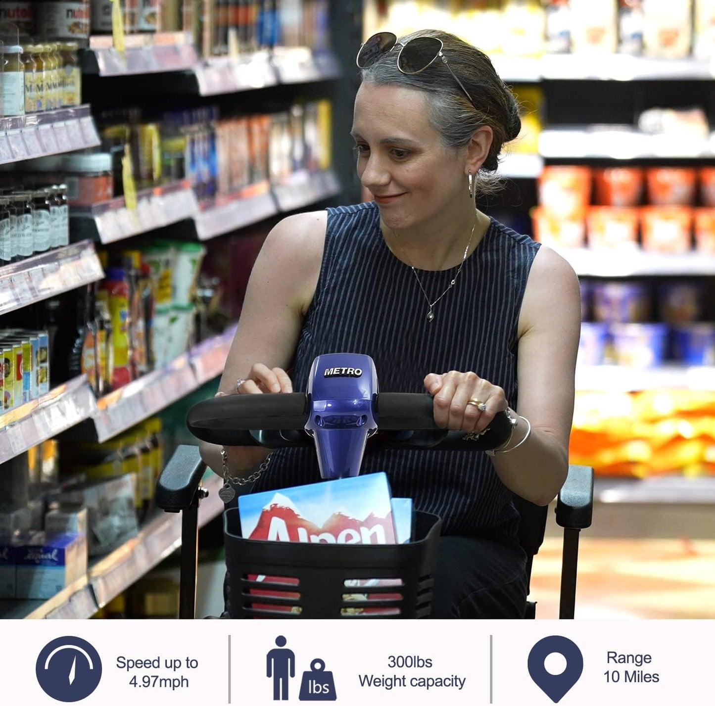 Metro Mobility Scooters Electric Mobility Scooter for Adults and Seniors, 300 lbs, Long Range Battery with Charger and Basket, Max Sport Blue F76748