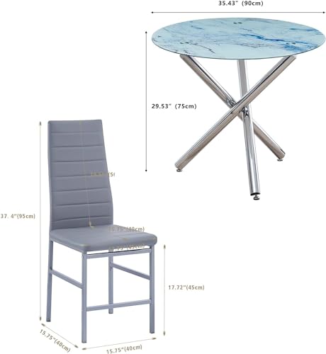 Round Glass Dining Table Set 5 Pieces with 4 PU Chairs M812