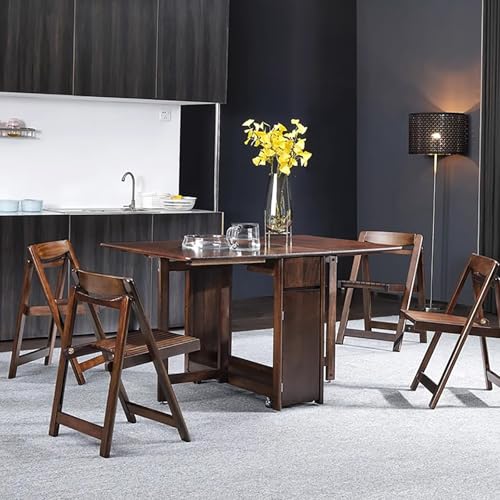 Solid Wood Folding Dining Table with Storage and Wheels, Red Brown M14953
