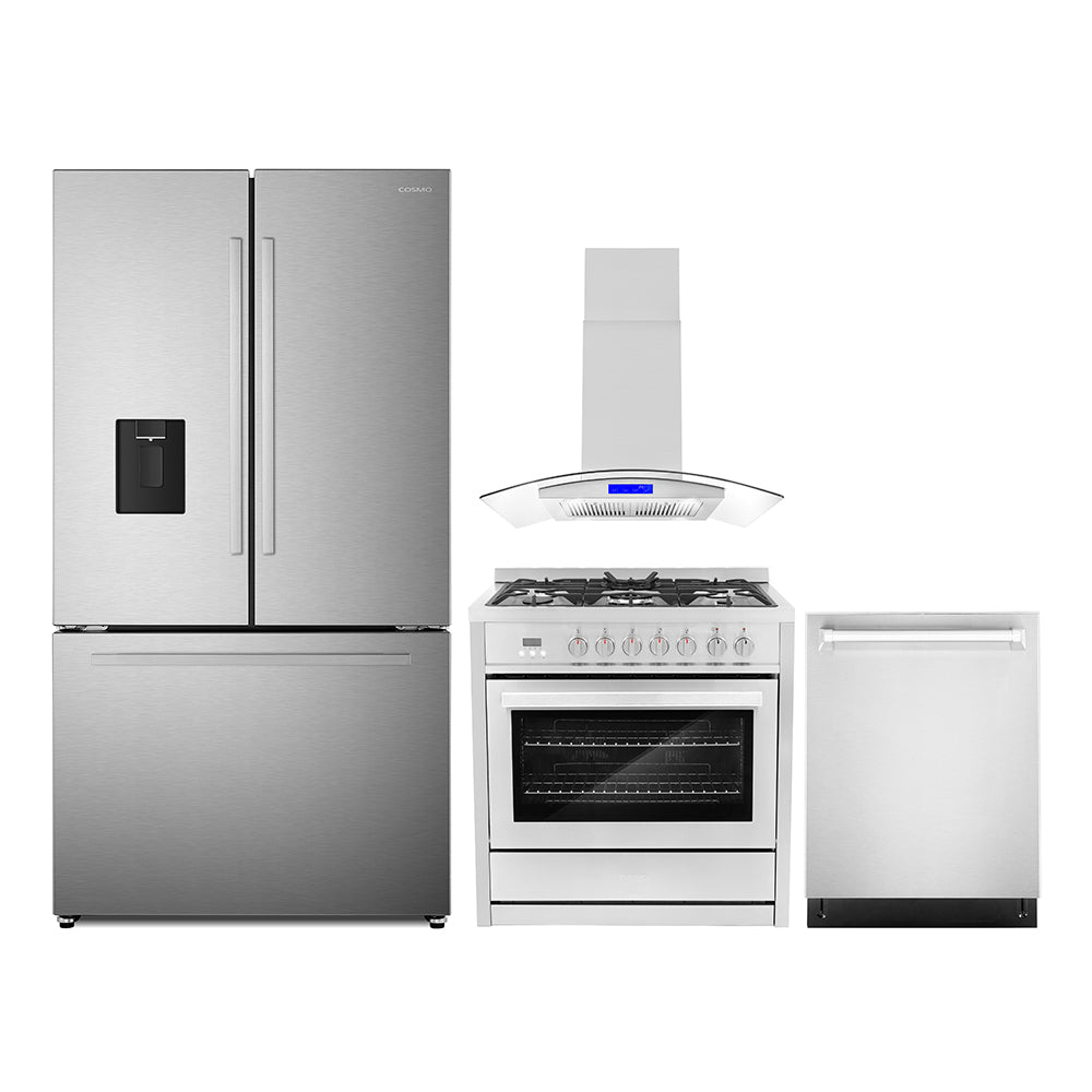 4 Piece Kitchen Package with 36" Freestanding Dual Fuel Range 36" Island Range Hood 24" Built-in Fully Integrated Dishwasher & French Door Refrigerator