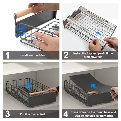 Pull Out Cabinet Organizer with Wooden Handle, No Drill Needed E218