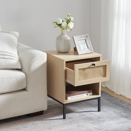 Nestl Night Stand, 1-Drawer Wood Rattan Bedside Table, Black Z58058