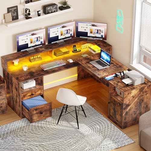 YITAHOME L Shaped Desk with Power Outlets & LED Lights, 60” Computer Desk, Grey Z1433