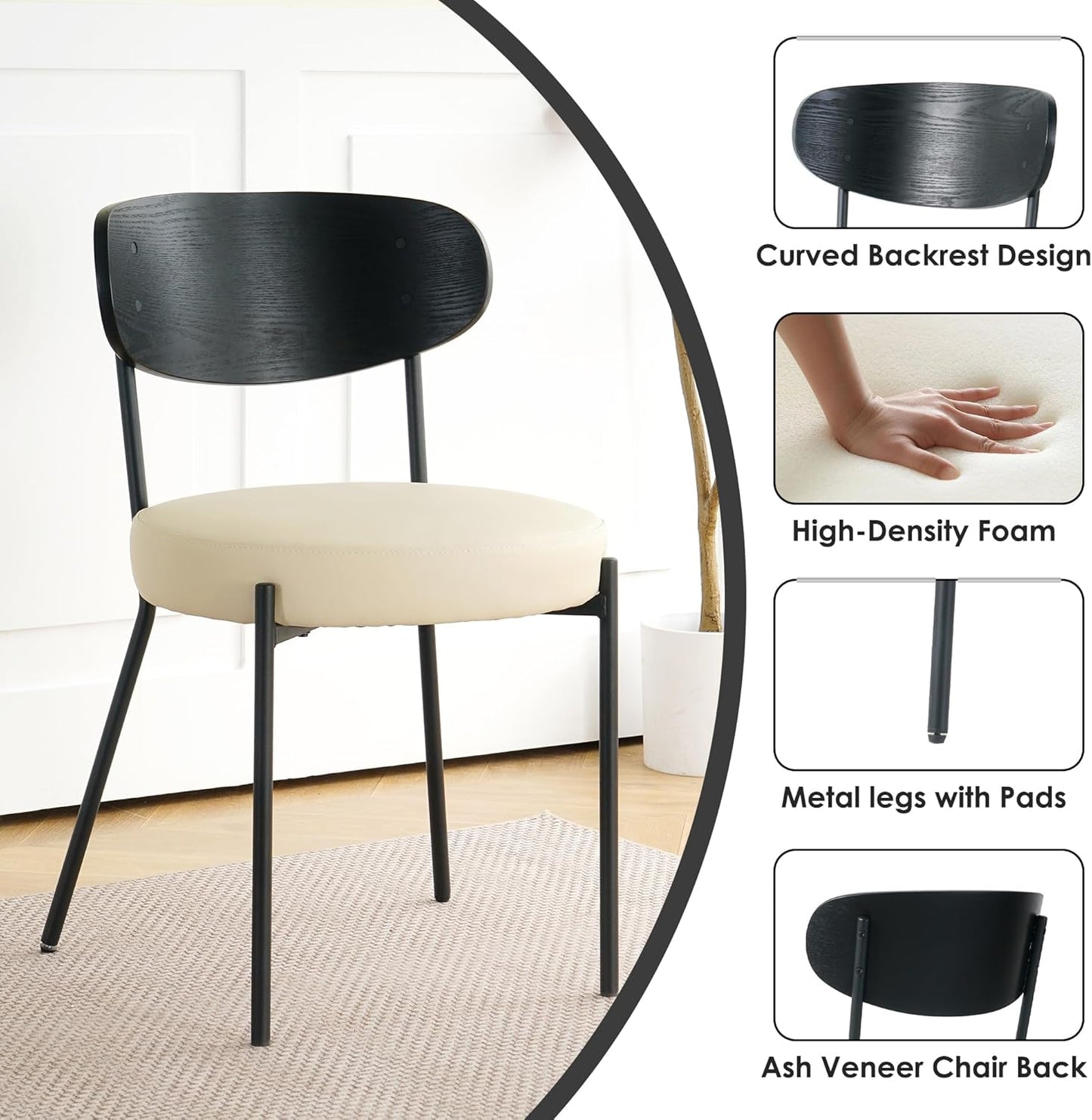 RGZ Round Glass Dining Table Set for 4, Mid Century Modern, 40'' with Beige PU Faux Leather Chairs A12551