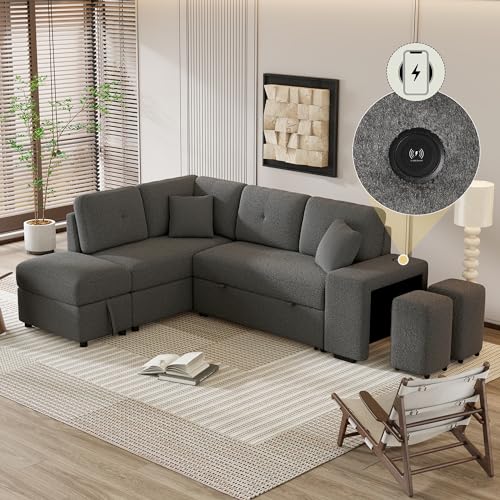 DEINPPA Sleeper Sofa with Storage Ottoman and 2 Stools, Chenille Fabric, Cream H631676
