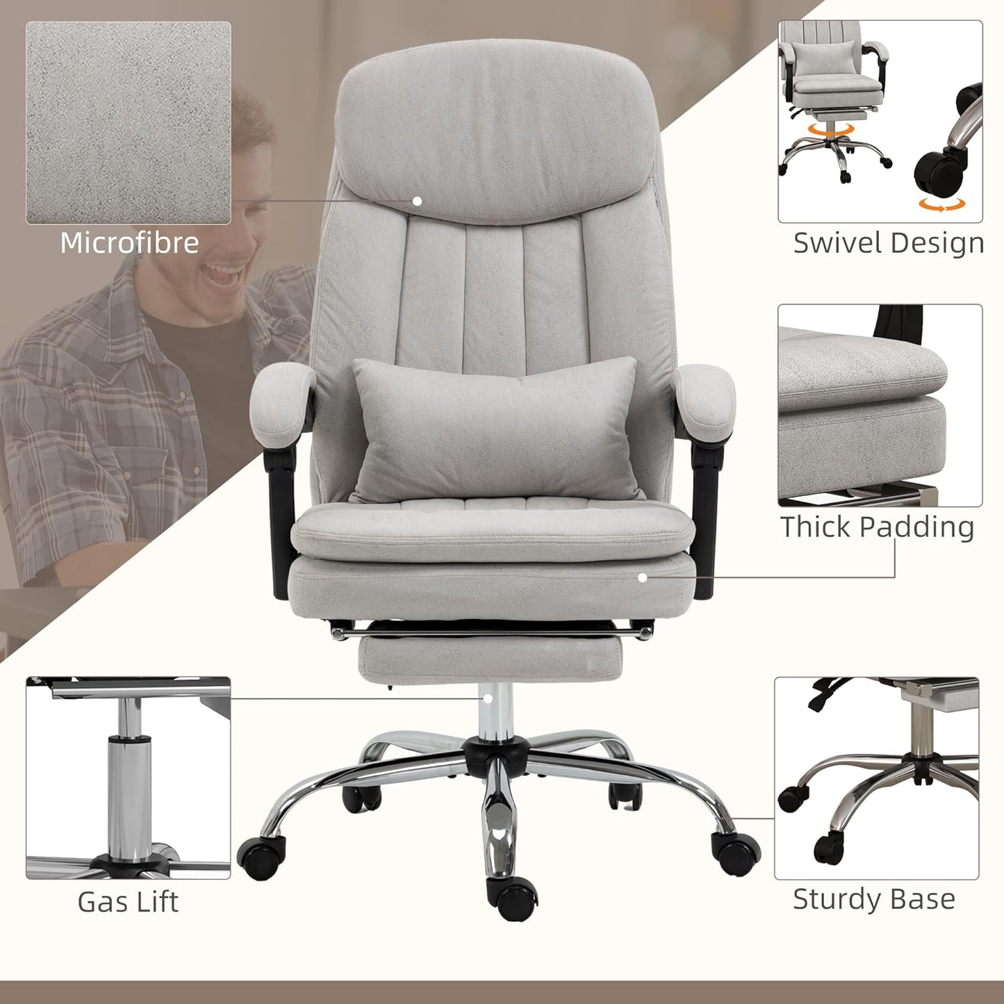Executive Massage Office Chair Swivel Reclining PU Leather with Lumbar Support, Light Gray P303