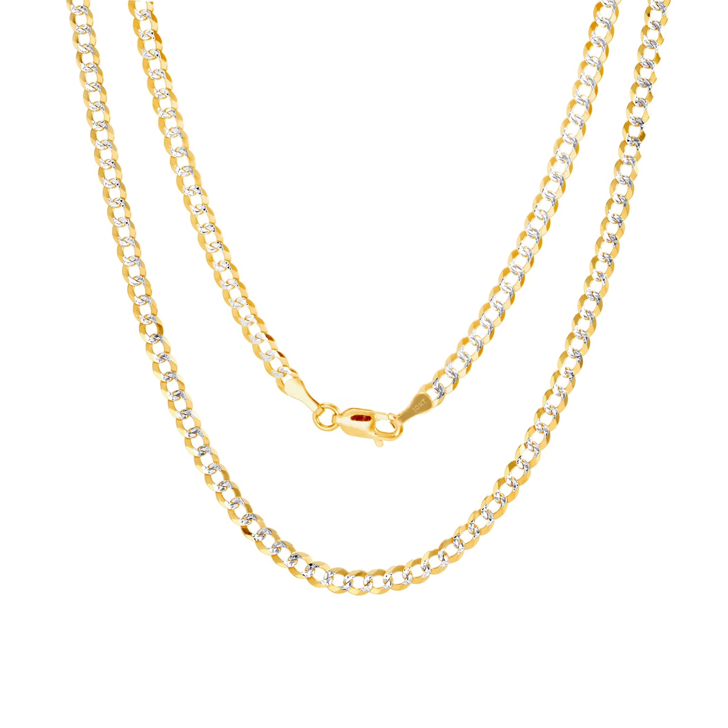 Nuragold 10k Yellow Gold Solid 4mm Cuban Chain Curb Link Diamond Cut Pave Two Tone Pendant Necklace, Mens Womens Jewelry 16" - 30"