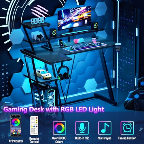 L Shaped Gaming Desk with LED Lights & Power Outlet, 47 Inch, Carbon Fiber Black E79671